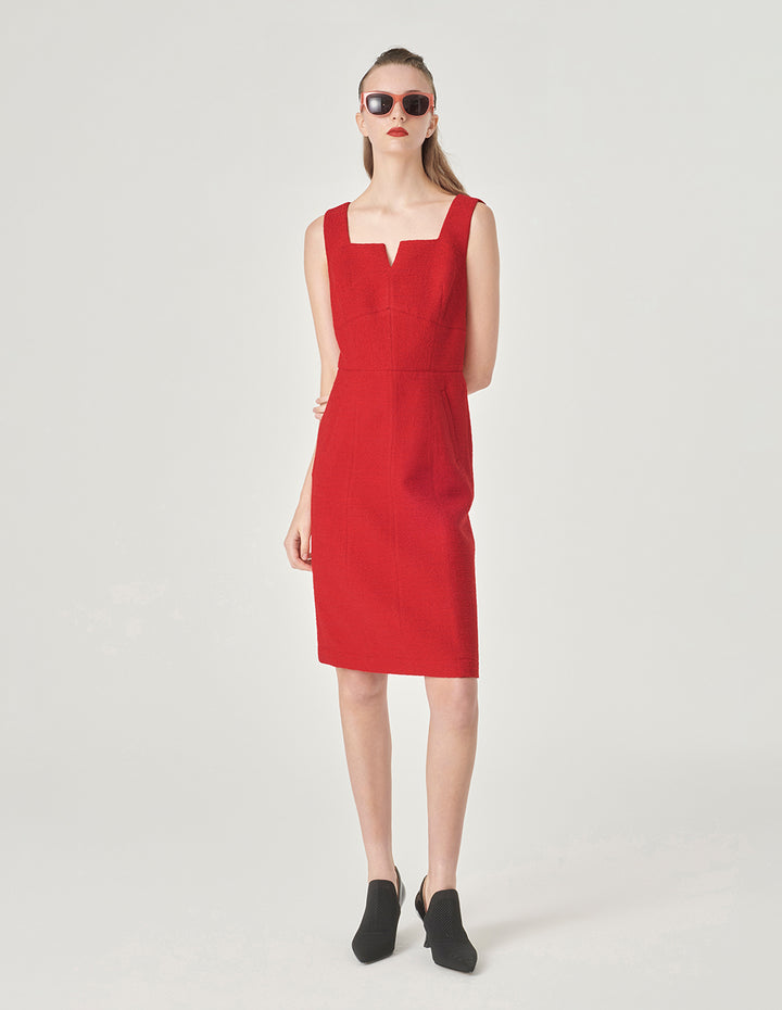 MARYLING Red Square V-Neck Tweed Vest Dress