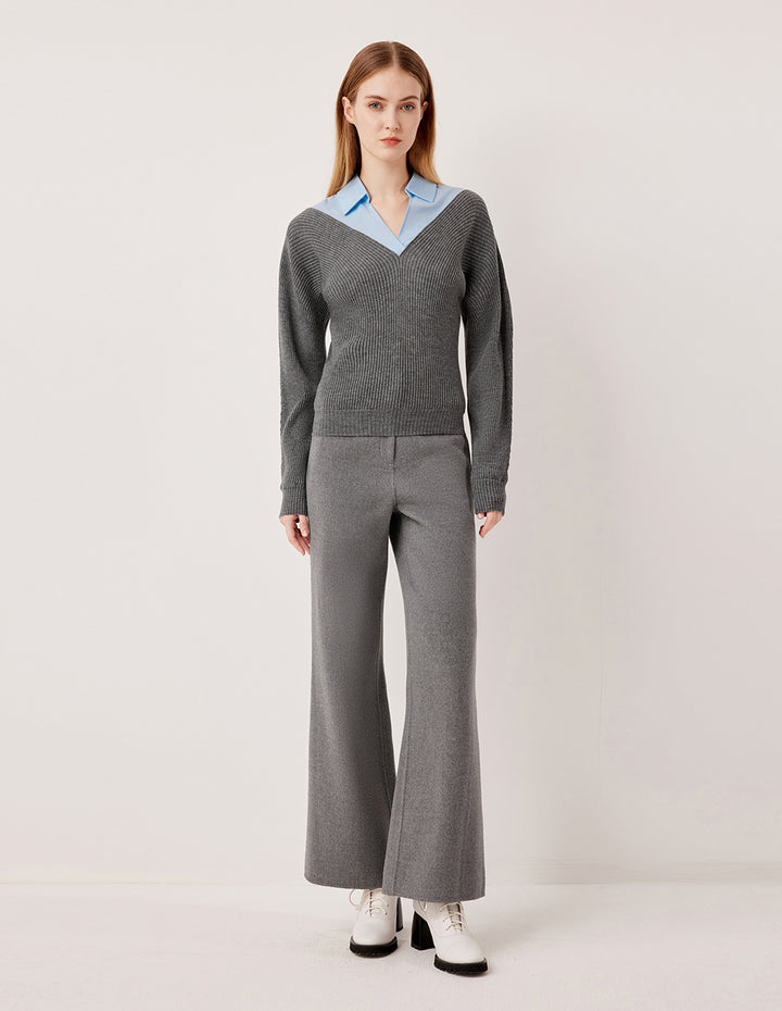 MARYLING Gray-Blue Wool Knit Patchwork Shirt Two-Tone Pullover