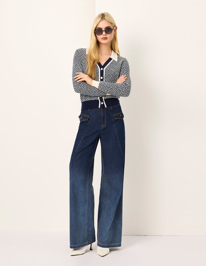 MARYLING Blue & White Trimmed Wool Knit Cardigan