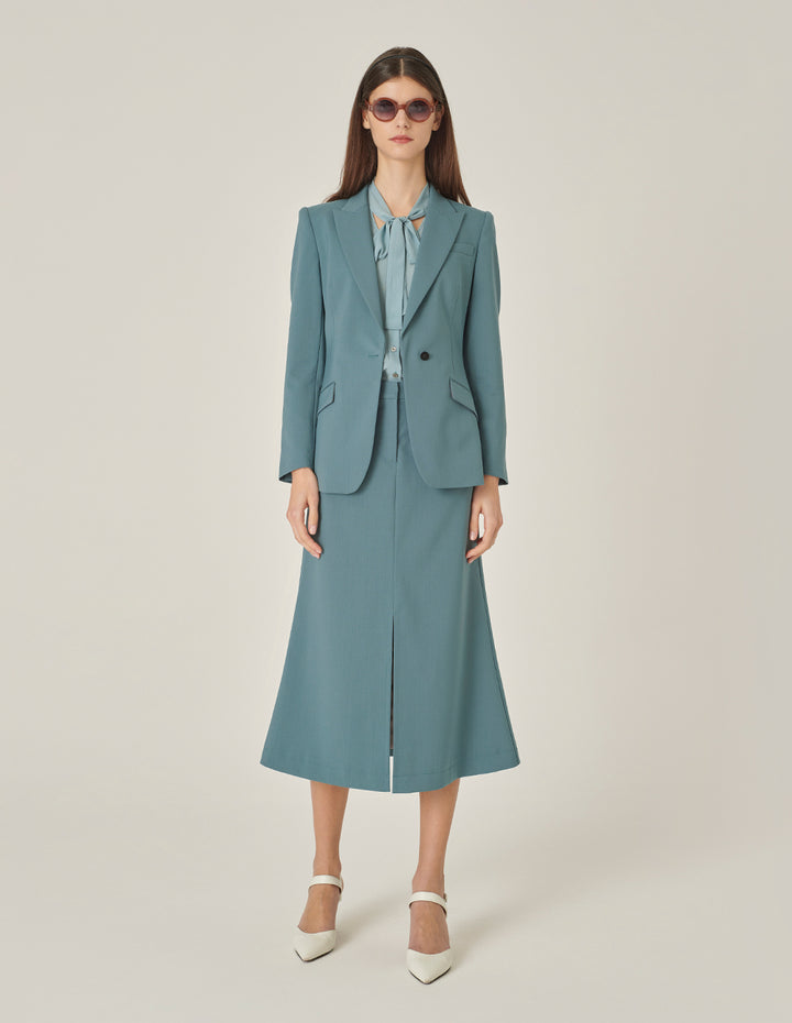 MARYLING Mist Blue Peaked Lapel Single-Breasted Waisted Blazer