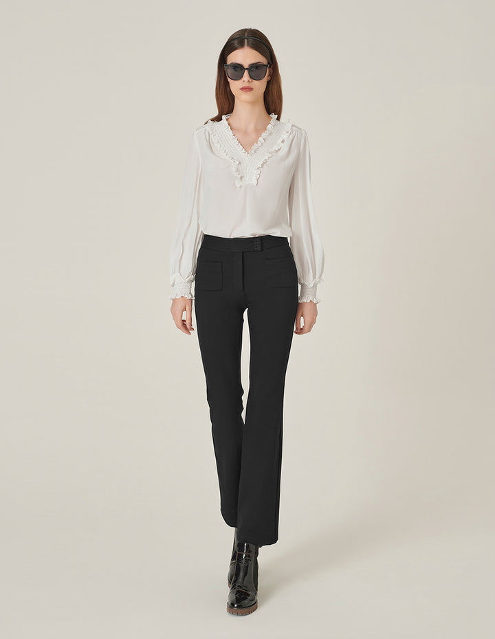 MARYLING V-Neck Ruffle Long-Sleeve Silk Top