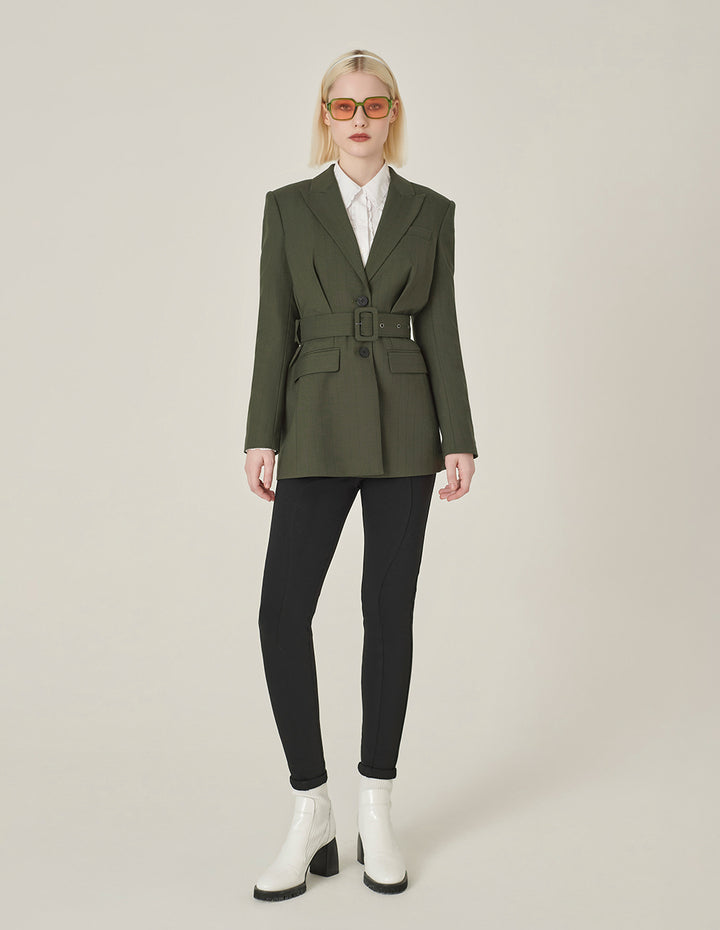 MARYLING Army Green Lapel Long-Sleeve Single-Breasted Midi-Length Coat