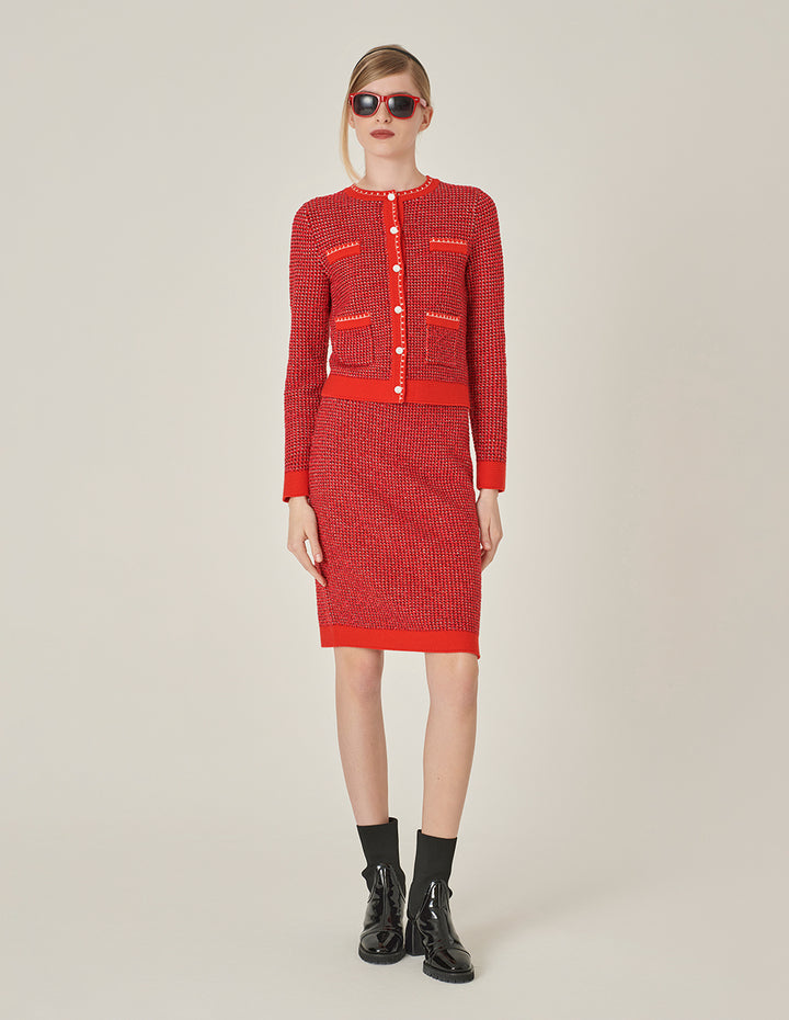 MARYLING Red Straight Fit Knit Midi Pencil Skirt