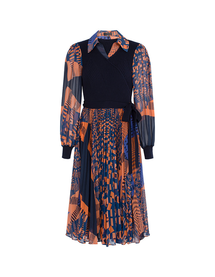 MARYLING Knitted Splicing Printed Floral Plated Midi Shirt Dress