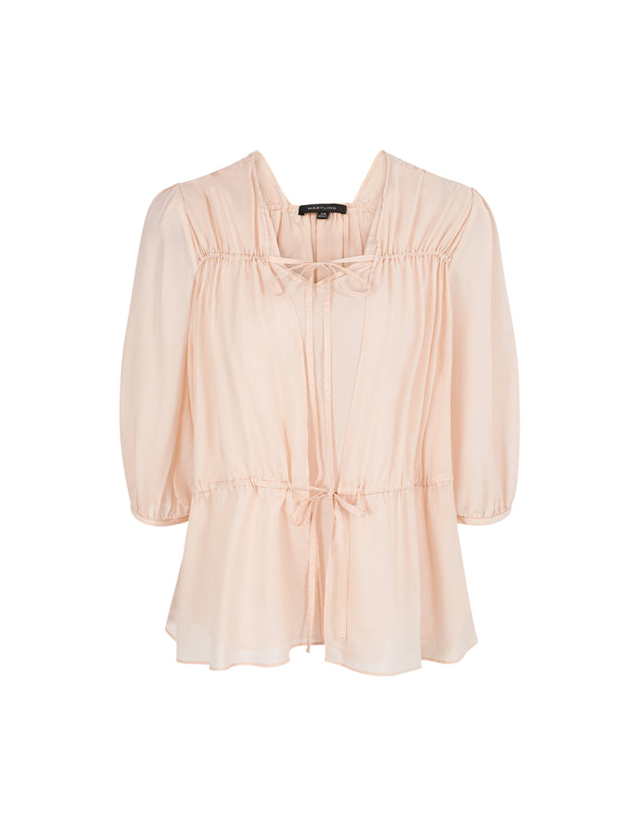 MARYLING V-Neck Puff Long-Sleeve Lyocell Pinched Top