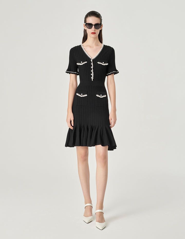 MARYLING Contrast Colour V-Neck Short-Sleeve Knitted Dress