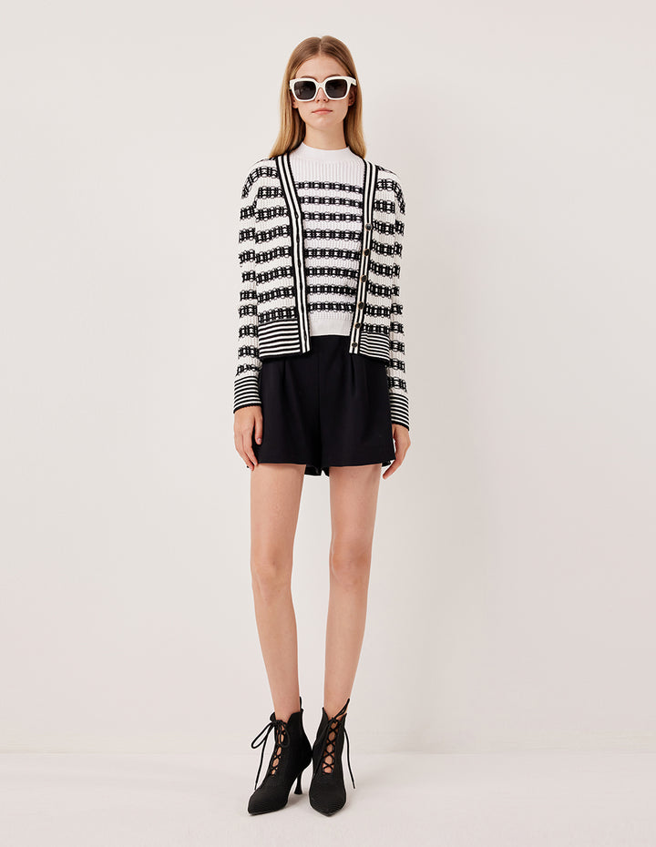 MARYLING V-Neck Long Sleeve Lace Textured Stripe Knit Cardigan