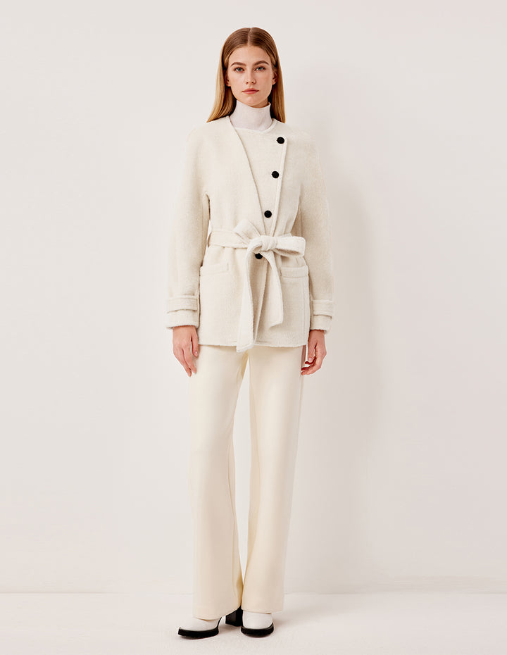 MARYLING Round Neck Asymmetrical Button Alpaca Wool Coat