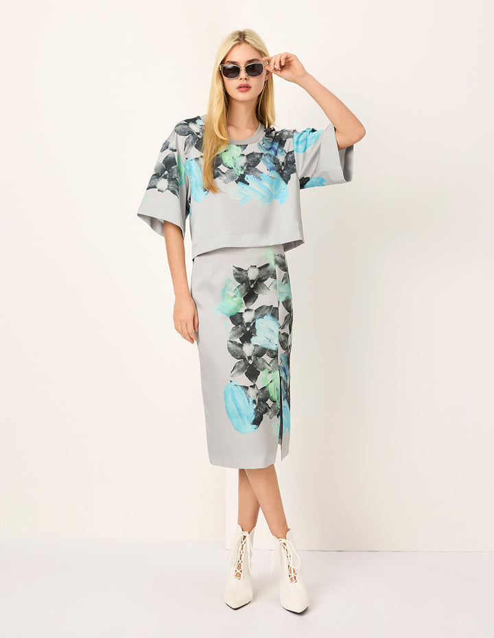 MARYLING U-Neck Floral-Print 1/2 Sleeve Cropped T-Shirt