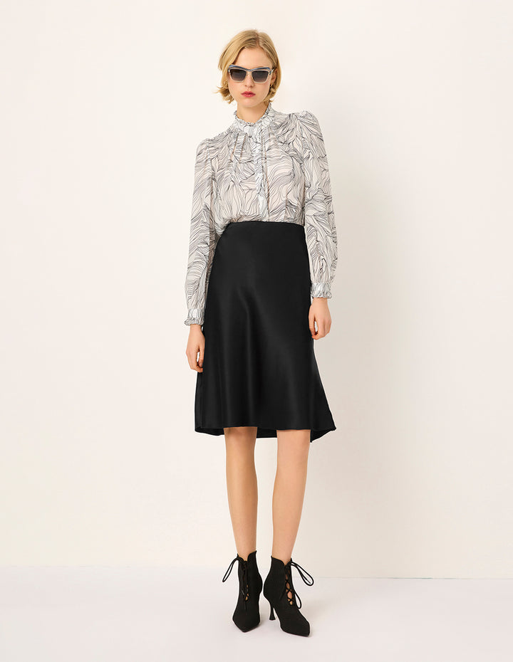 MARYLING Ruffled Stand Collar Black Stripe Printed Long-Sleeve Silk Blouse