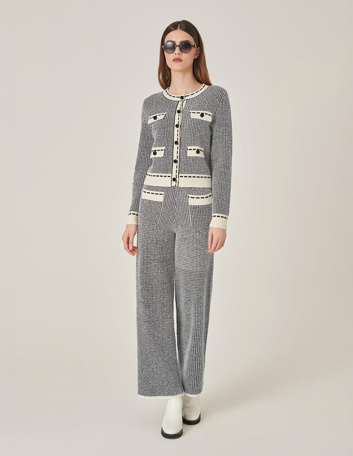 MARYLING Crew-Neck Long-Sleeve Cropped Multi-Pockets Wool Knitted Cardigan