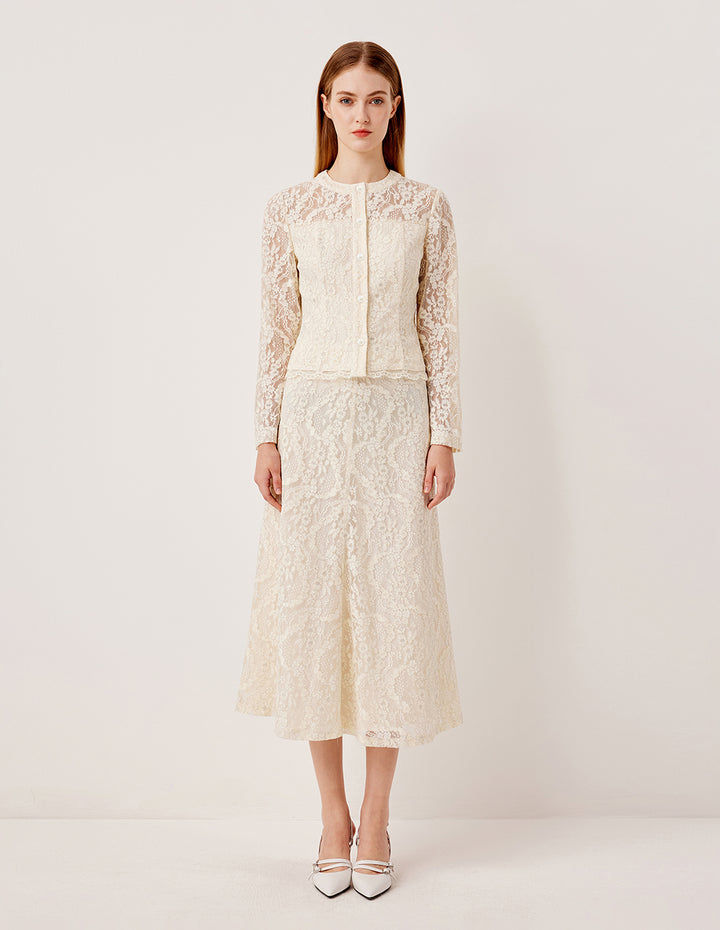 MARYLING Round Neck Lace Embroidered Sequin Long Sleeve Top