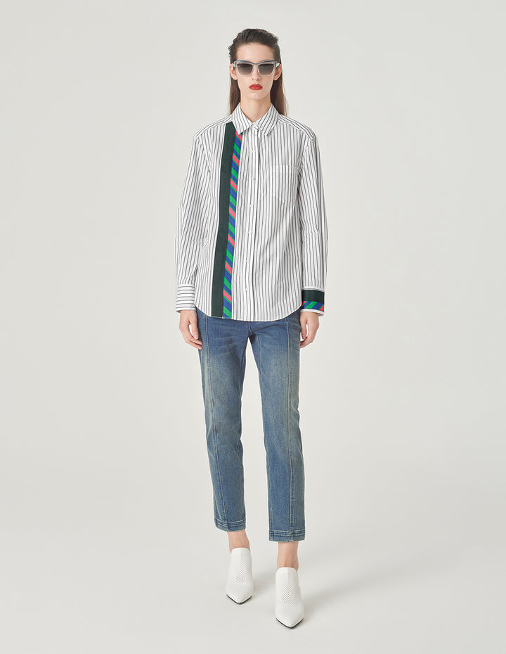 MARYLING Pinstriped Colorful Webbing Cotton Blouse