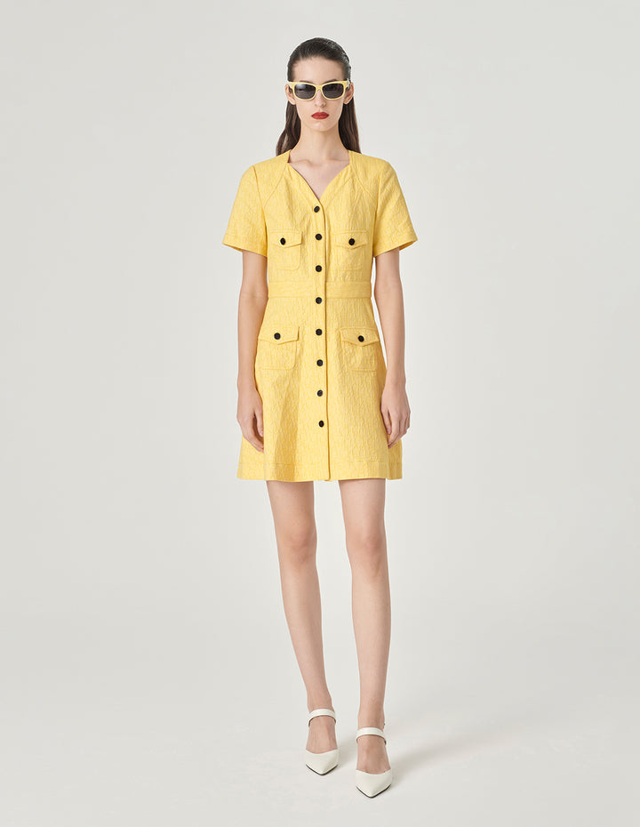 MARYLING V-Neck Short-Sleeve Letter-Logo Jacquard Dress