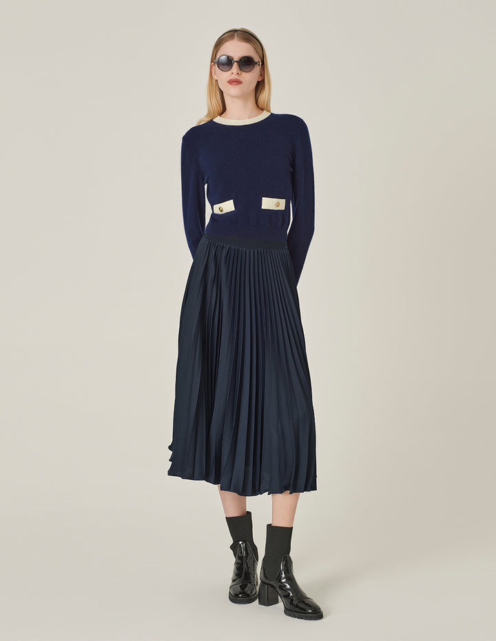 MARYLING Round-Neck Contrast Long-Sleeve Cropped Cashmere Knitted Sweater