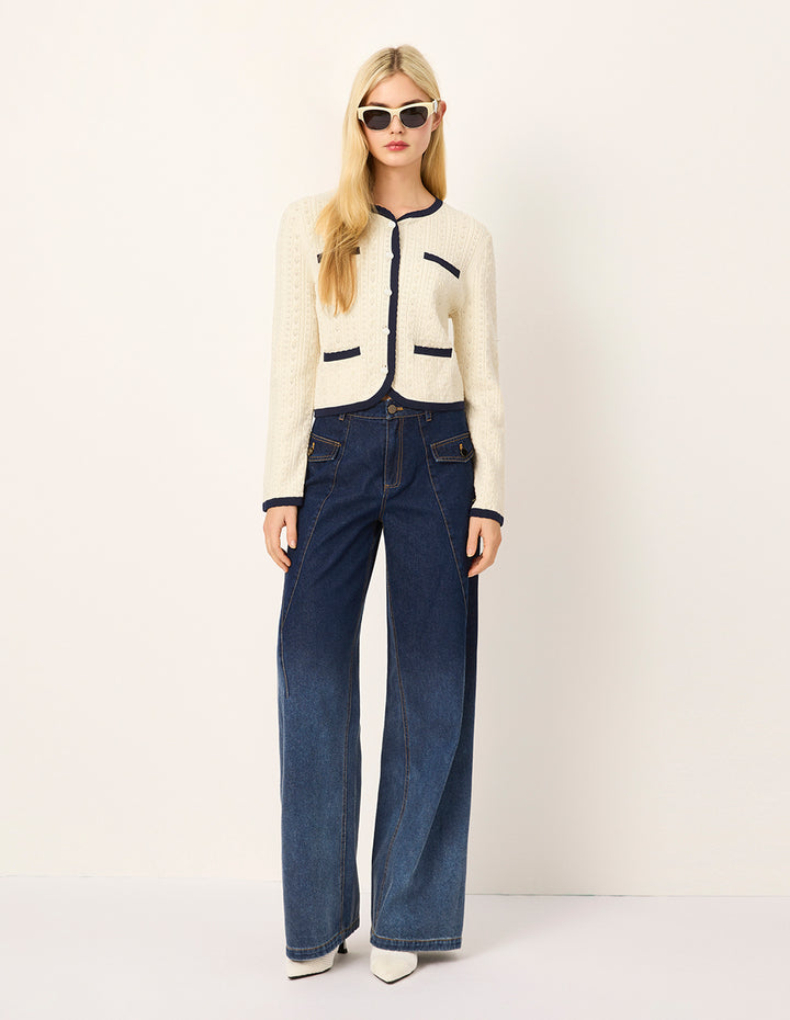 MARYLING Round-Neck Long-Sleeve Black Stripe Trim knitted cardigan