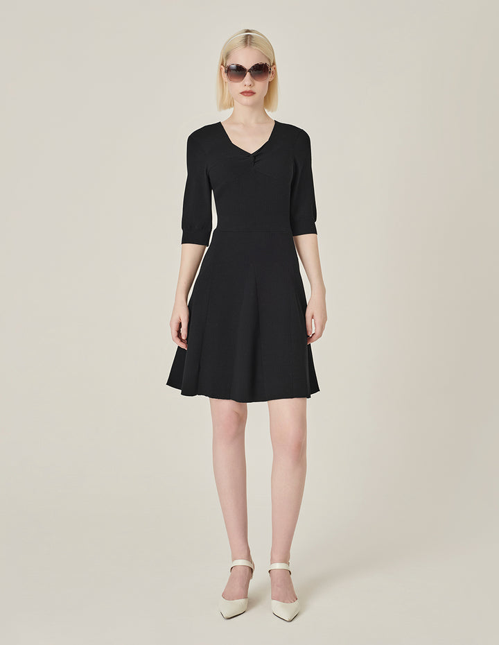 MARYLING Black V-Neck Mid-Sleeve Knitted Dress