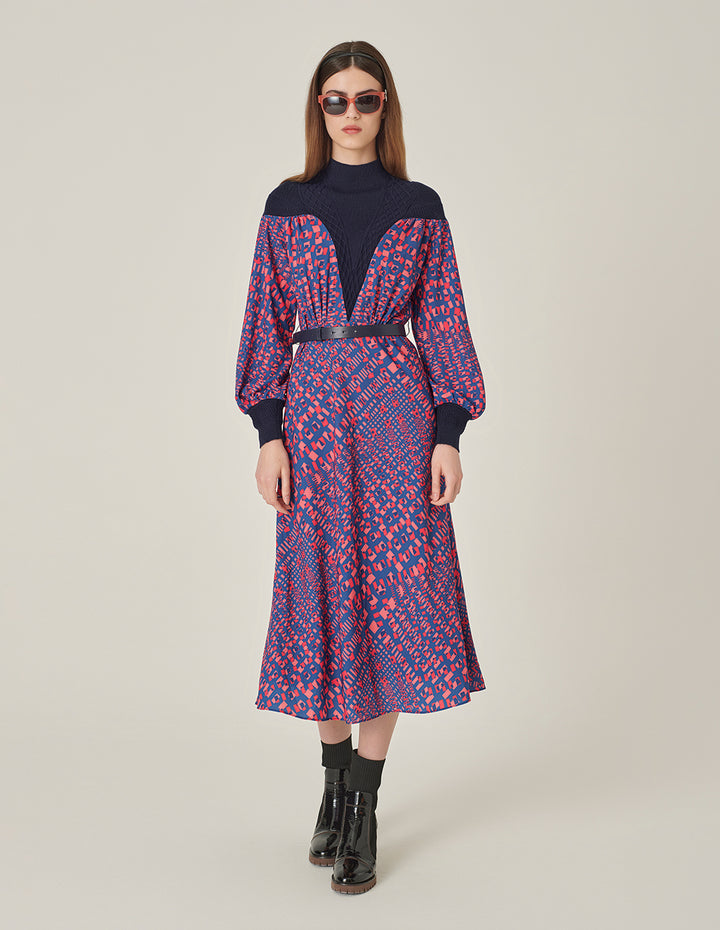 MARYLING Stand Collar Long-Sleeve Printed Patchwork Midi Knitted Dress