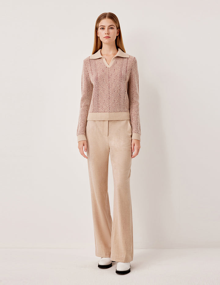 MARYLING Ribbed V-Neck Cable Texture Relaxed Fit Wool Pullover Sweater