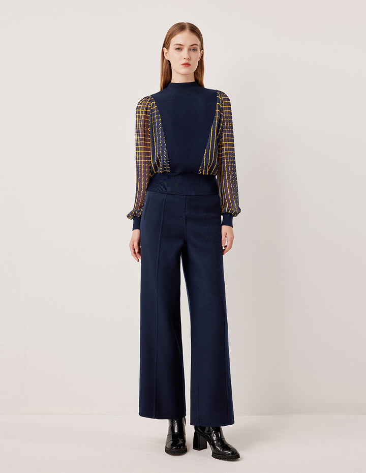 MARYLING Navy Plaid Patchwork Semi-High Neck Pullover Top