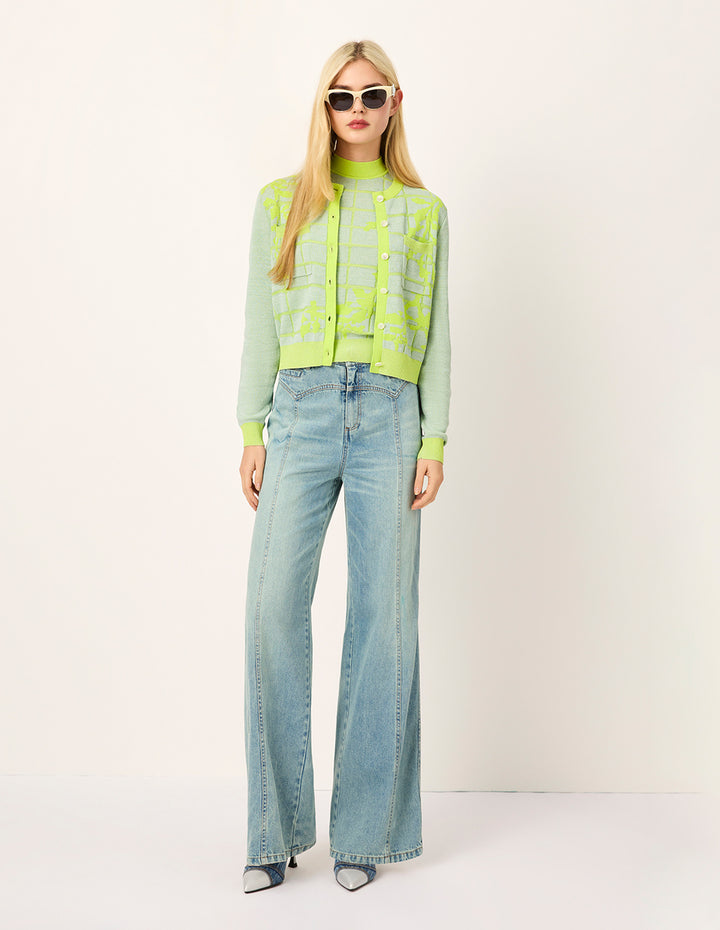 MARYLING Round-Neck Long-Sleeve Color Block Striped Flora Embroidered Knit Cardigan