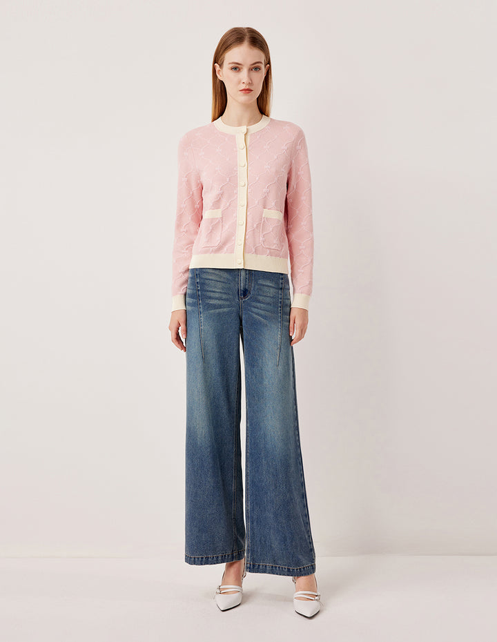 MARYLING Round Neck Long-Sleeve Beige Stripe Trim Knit Cardigan