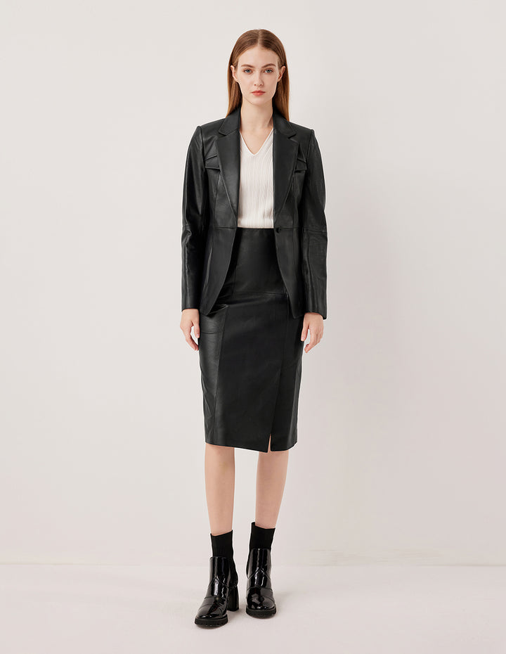 MARYLING Notch Lapel Single-Breasted Lambskin Blazer
