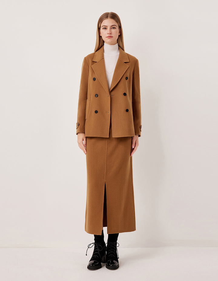 MARYLING Camel High-Waisted Straight Wool Skirt