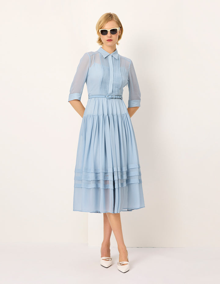 MARYLING Lapel Sheer Overlay Pin-Tuck Paneled Pleated Midi Shirt Dress