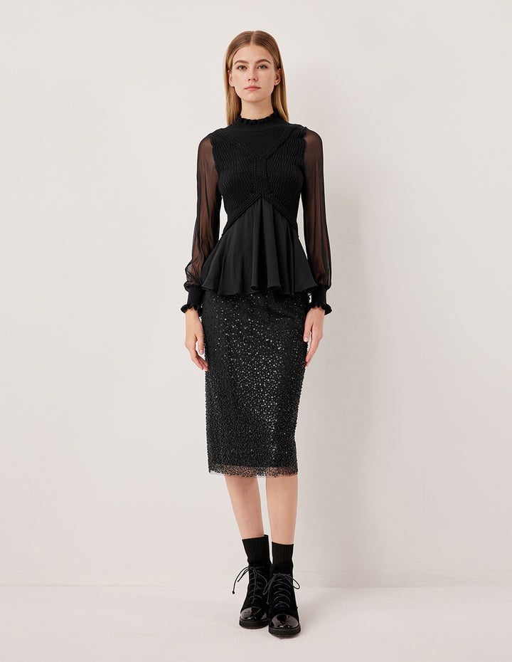 MARYLING Black Shiny Double-Layer High-Waisted Straight Skirt