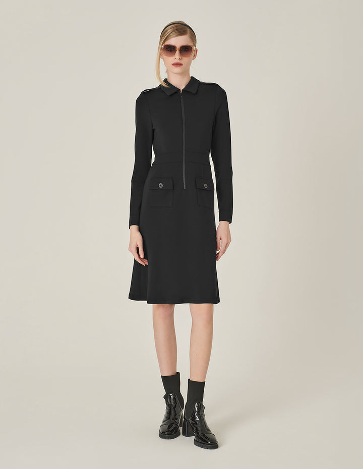 MARYLING Shirt Collar Long-Sleeve Shift Knitted Midi Dress