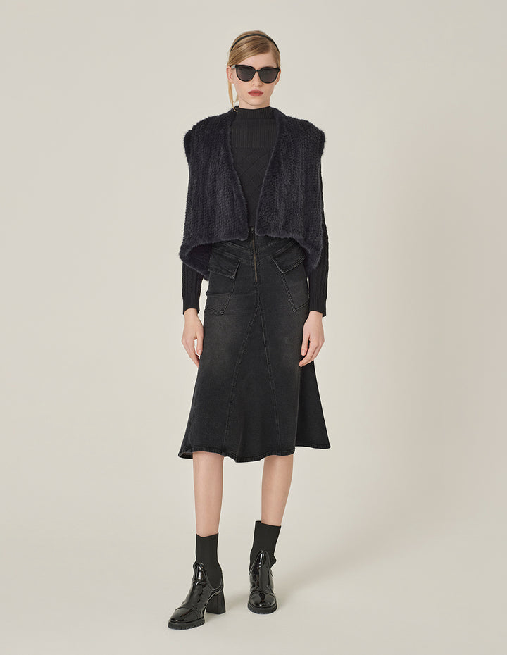 MARYLING Smoke Black Washed Denim Fishtail Knee-Length Skirt