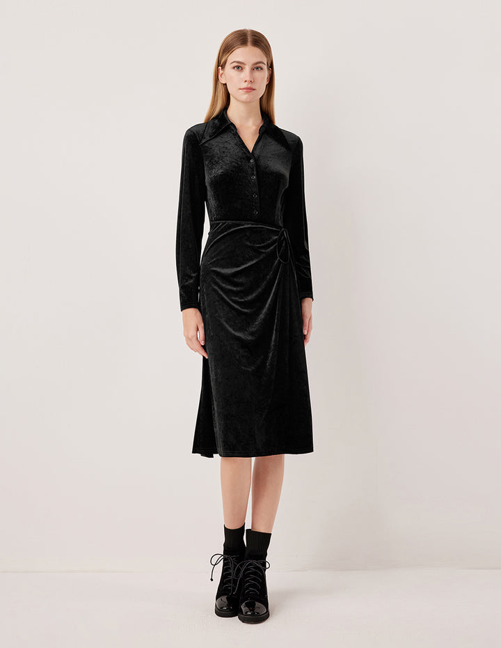 MARYLING V-Neck Ruched Velvet Midi Dress with Side Slit