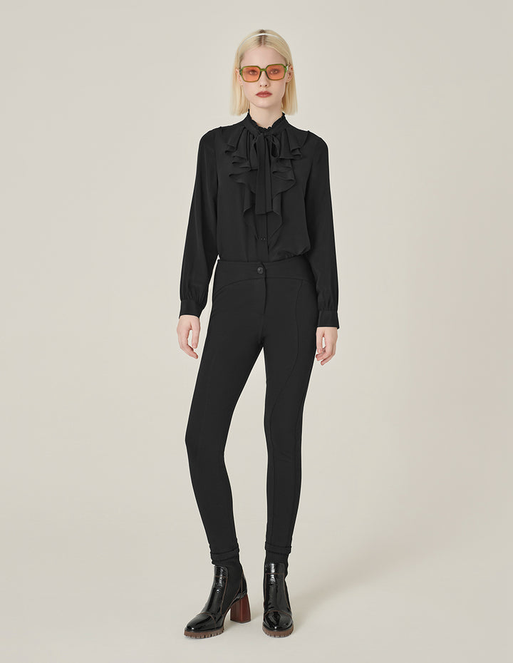 MARYLING Black Ruffled Long-Sleeved Silk Blouse