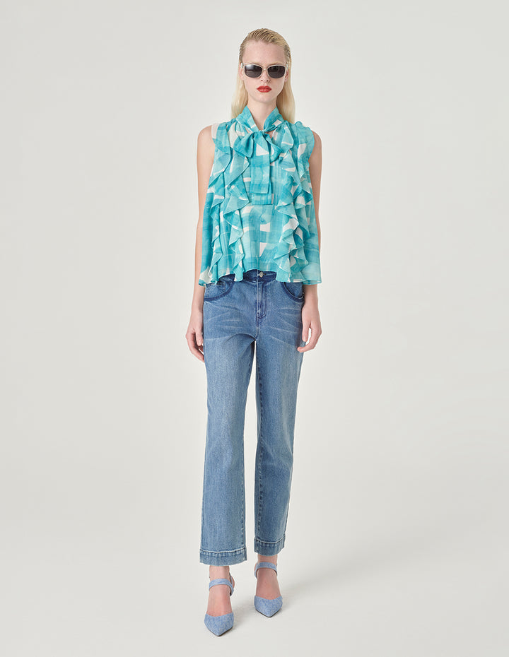 MARYLING Sleeveless Strappy Ruffled Printed Top