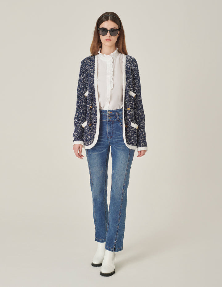 MARYLING Tweed Multi-Pocket V-Neck Knitted Cardigan