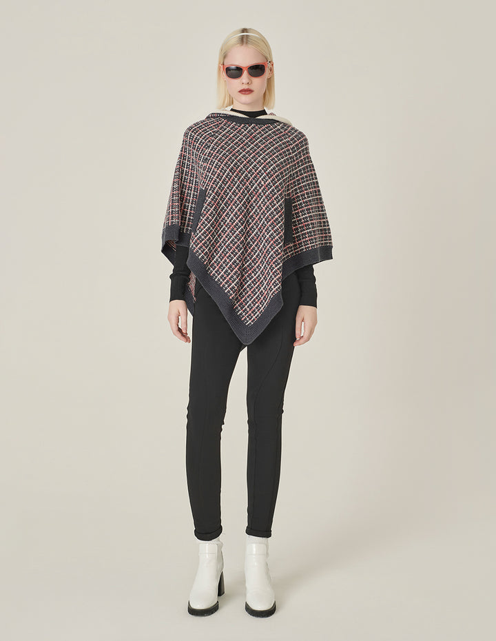 MARYLING Red And Black Hooded Knitted Plaid Shawl