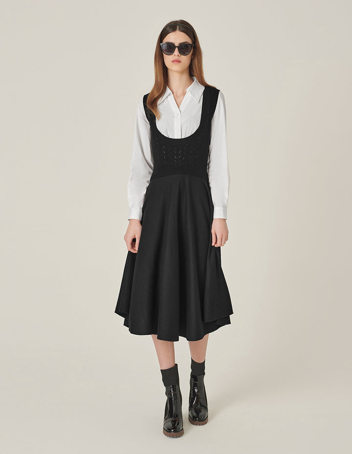 MARYLING Black & White Patchwork Midi Pleated Shirt Dress