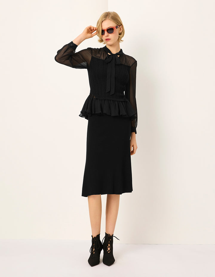 MARYLING Stand Tie Collar Long Sleeve Black Sheer Top