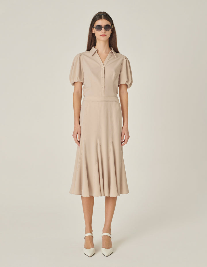 MARYLING V-Neck Puff Sleeve Waist Apricot Top