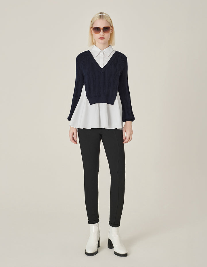 MARYLING Blue A& White Long-Sleeve Patchwork Knitted Blouse