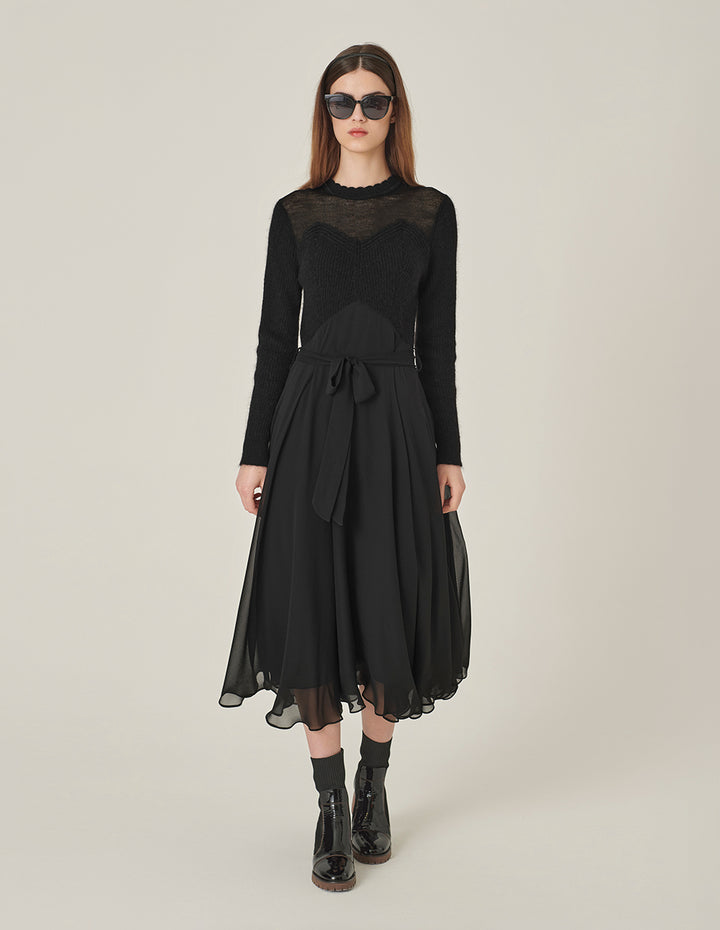 MARYLING Crew-Neck Long-Sleeve Empire Large-Hem Pleated Knitted Midi Dress