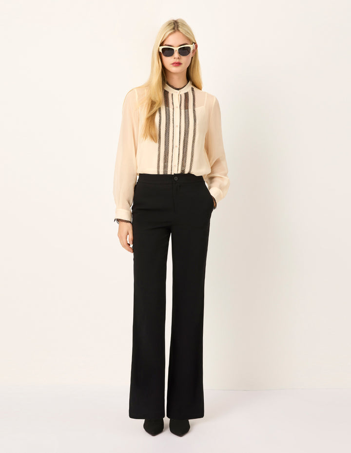 MARYLING Mandarin Collar Long-Sleeve Lace-Ruffle-Trim Silk Blouse