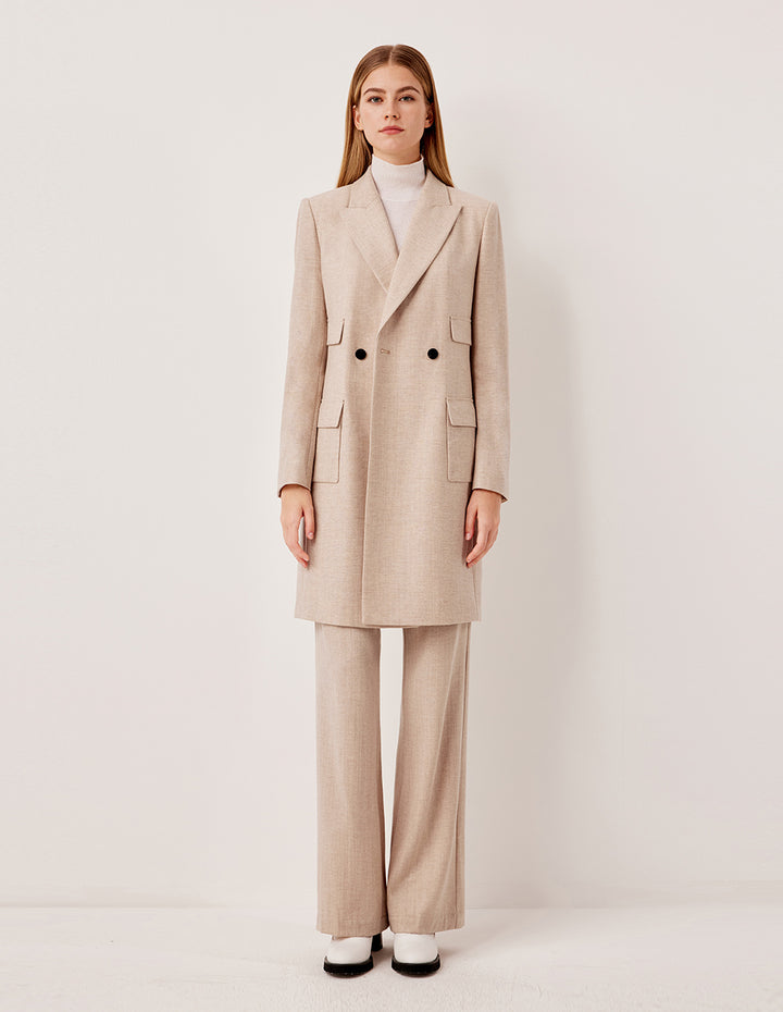 MARYLING Peaked Lapel Vintage Double-Breasted Beige Long Wool Coat