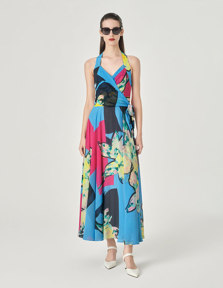 MARYLING Halter Neck Design Full Swing Georgette Print Dress