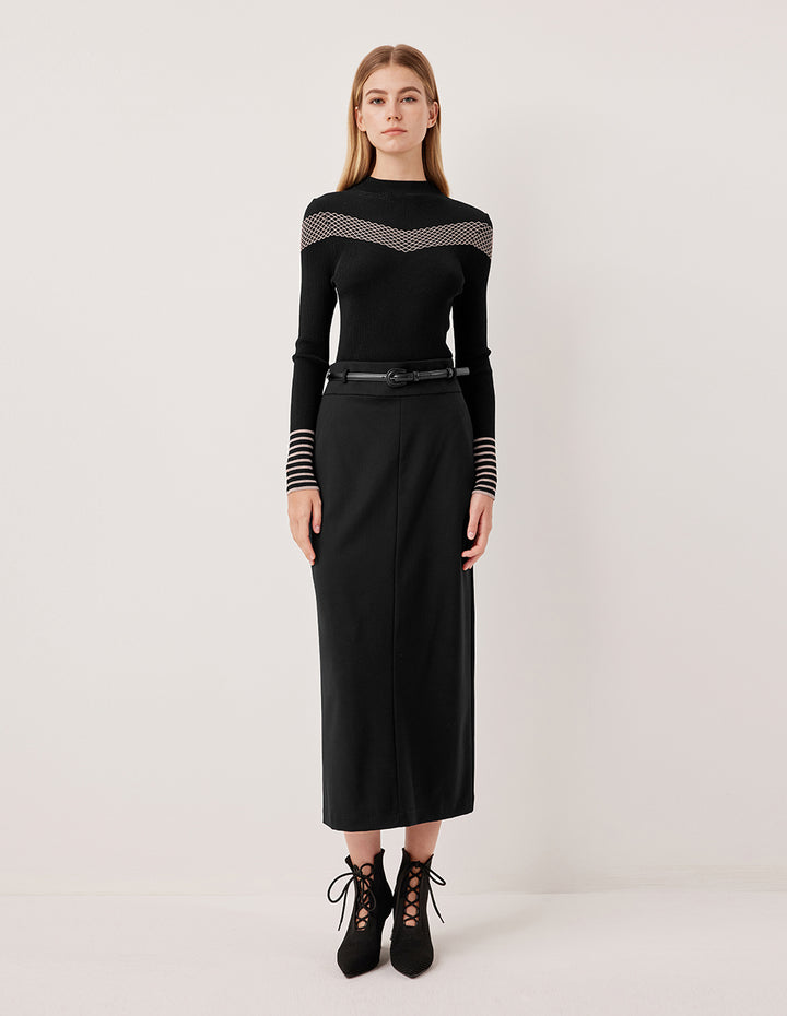 MARYLING Half-Turtleneck Long-Sleeve Diamond Pattern Fitted Knit Pullover