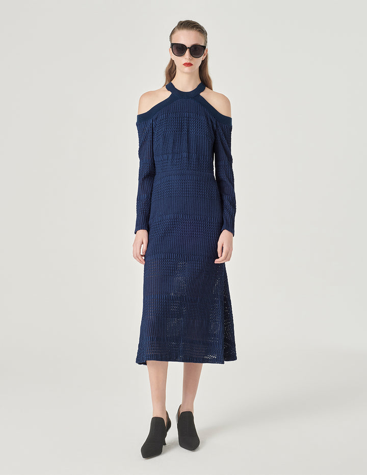 MARYLING Dark Blue Off-Shoulder Slim Fit Fishtail Lace Dress