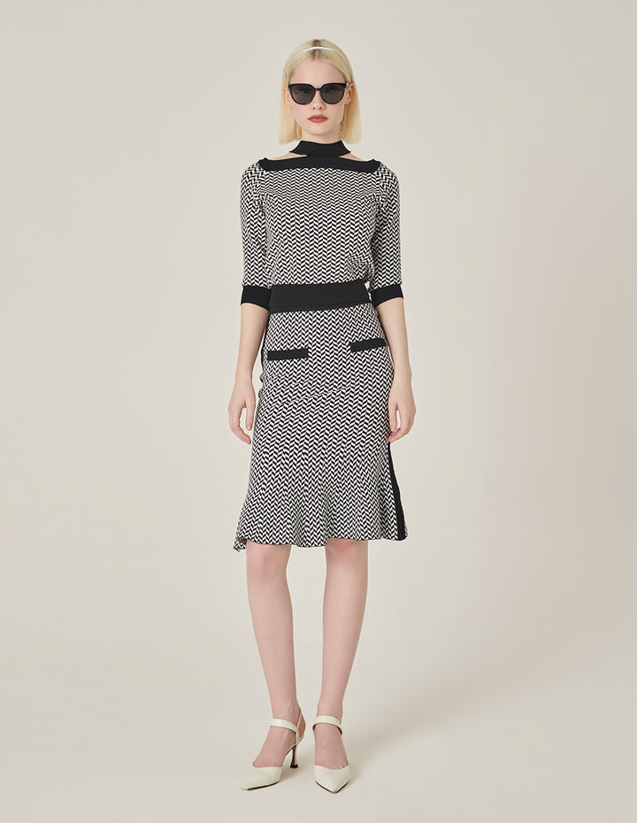 MARYLING Black And White Herringbone Fishtail Wool Knitted Skirt