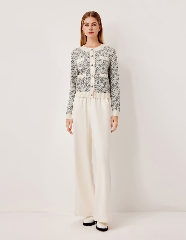 MARYLING Ribbed Round Neck Long Sleeve Printed Wool Knit Cardigan