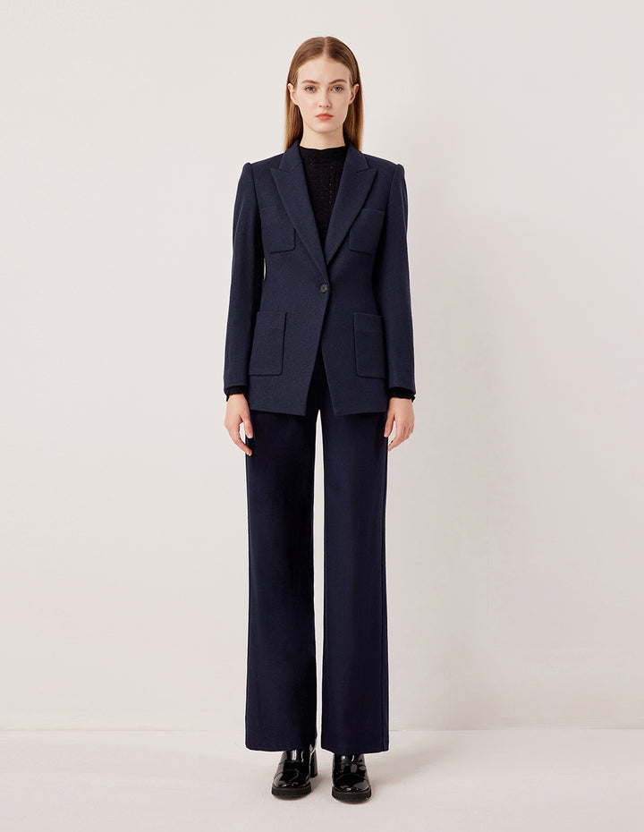 MARYLING Peak Lapel Single-Button Wool Blazer with Structured Shoulders